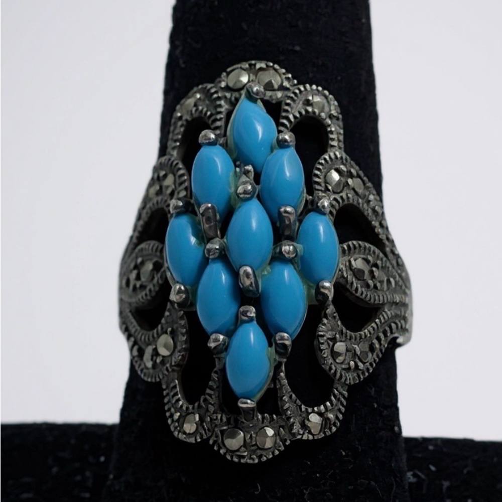 Vintage sterling silver turquoise marcasite cluster ring